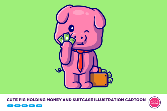 Cute Pig Holding Money and Suitcase Graphics